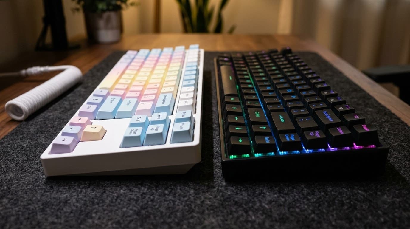 Two budget mechanical keyboards — white TKL with pastel keycaps, black 65% with RGB