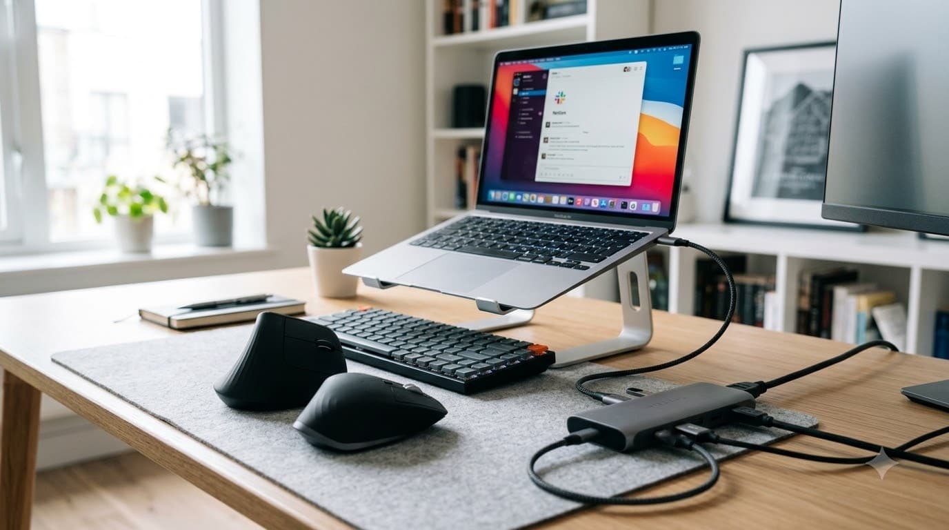 PC peripherals — vertical ergonomic mouse, laptop stand, USB-C hub