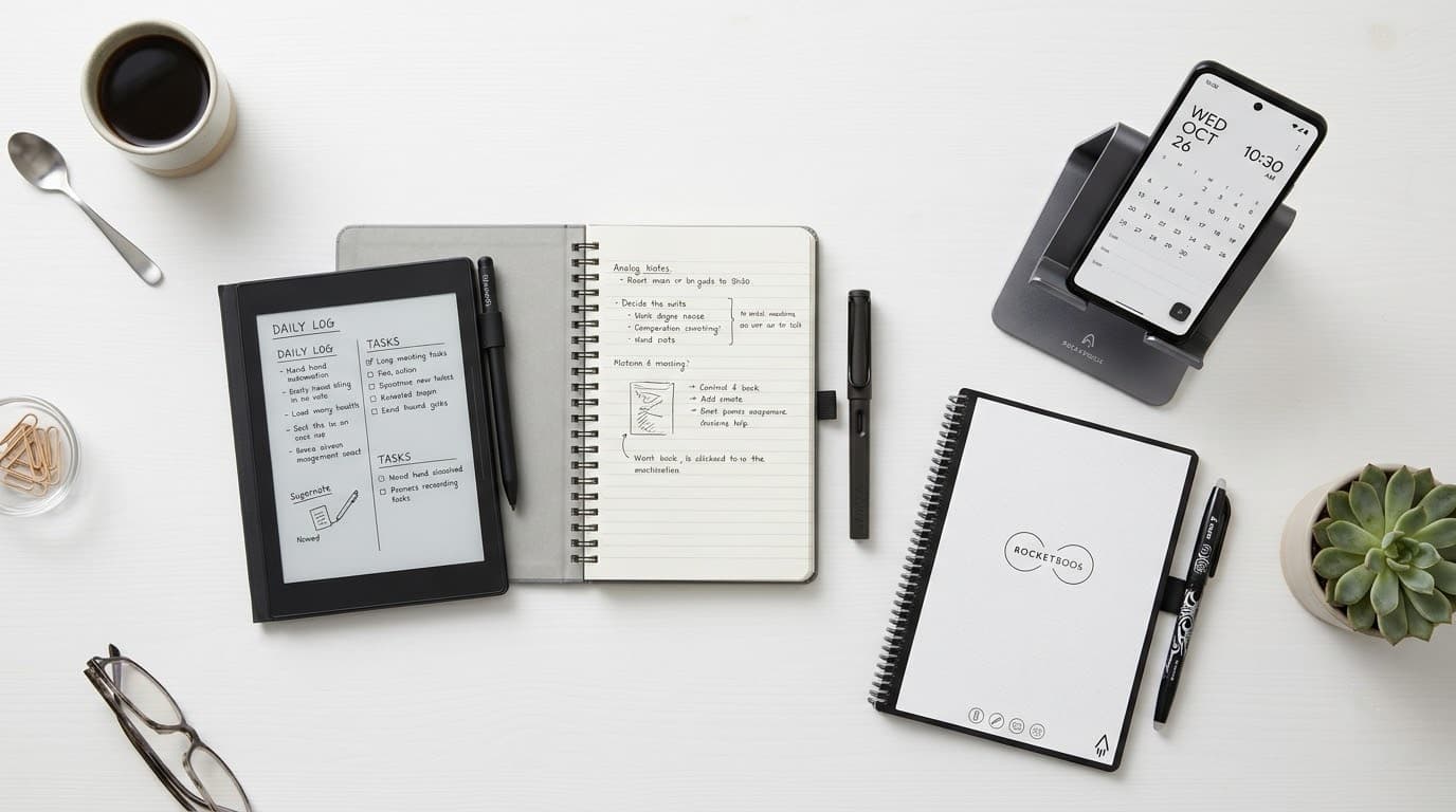 Productivity gadgets — e-ink tablet, smart notebook, foldable phone stand