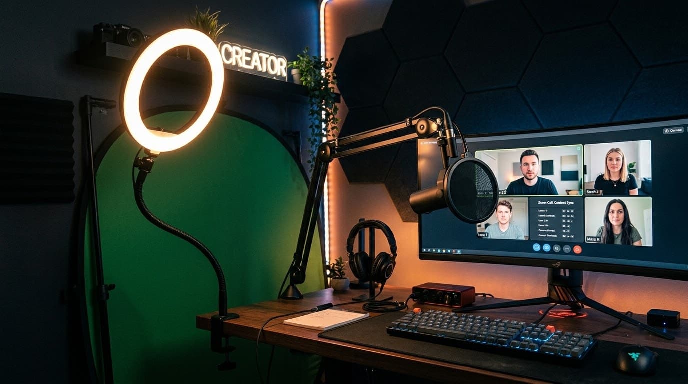 Content creator desk — ring light, condenser mic on boom arm, portable green screen