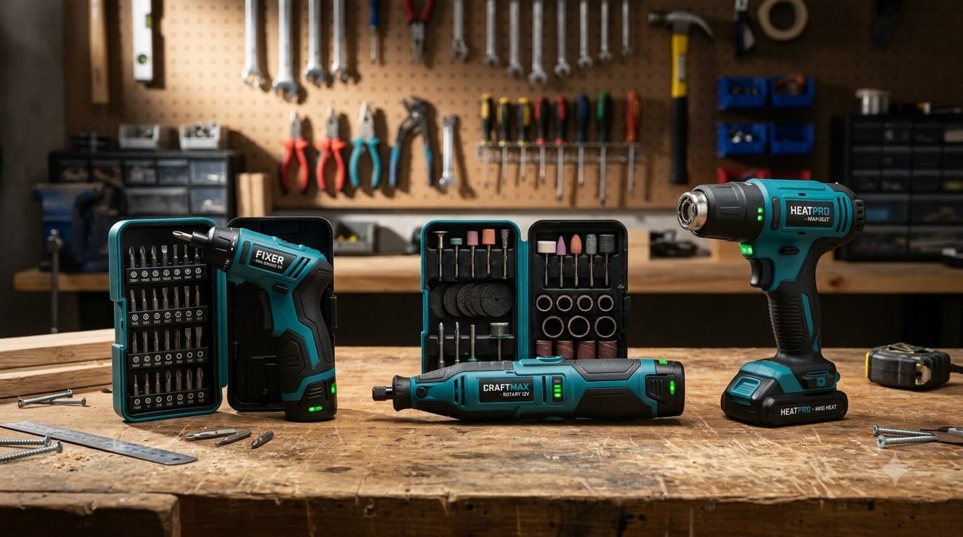 Compact cordless tools — mini screwdriver, rotary tool, heat gun