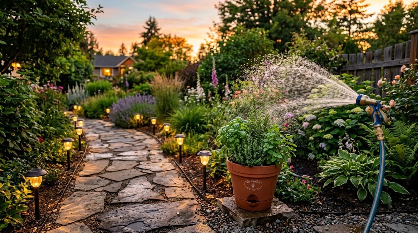 Garden scene — solar path lights, self-watering pot, high-pressure hose nozzle