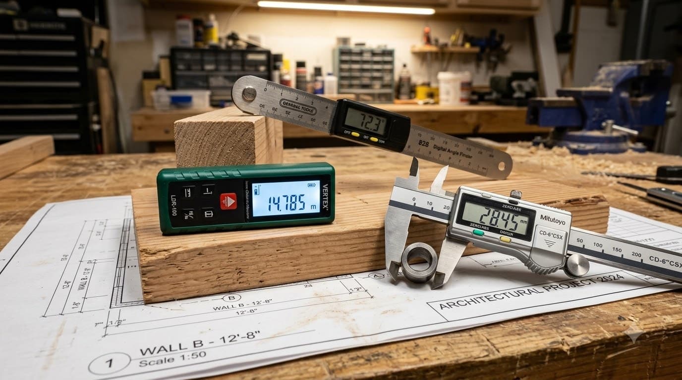Precision measuring tools on blueprint — laser measurer, digital caliper, angle finder