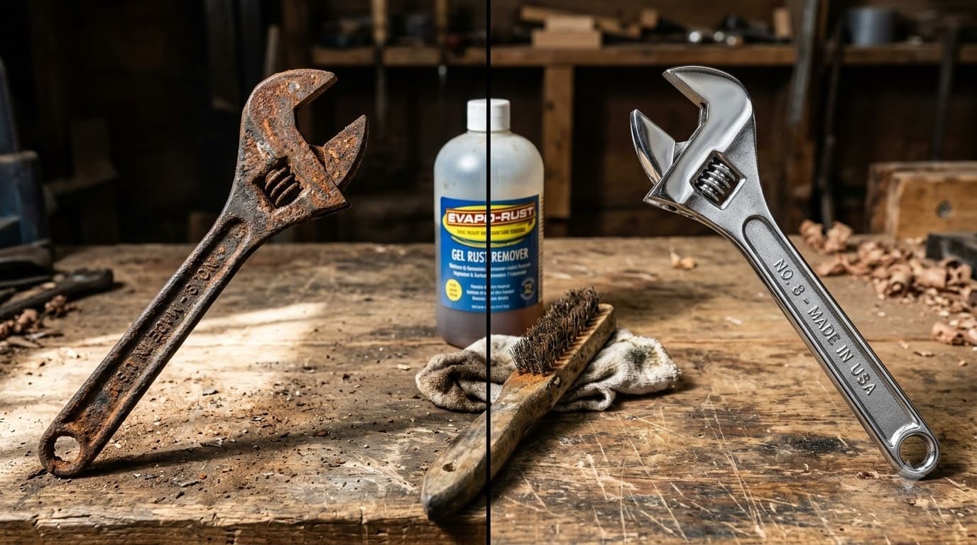 Before-after tool restoration — rusty to gleaming, rust remover gel and wire brush