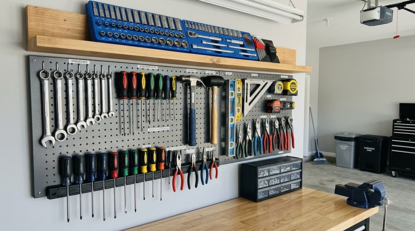 Organized garage wall — pegboard with tools, magnetic strip, socket organizer