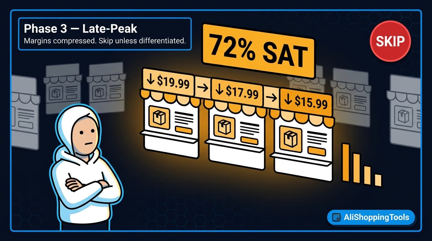 Phase 3 Late-Peak — BD comic, crowded market stalls, heavy competition, price-drop arrows, entrepreneur skips — AliShopping Tools