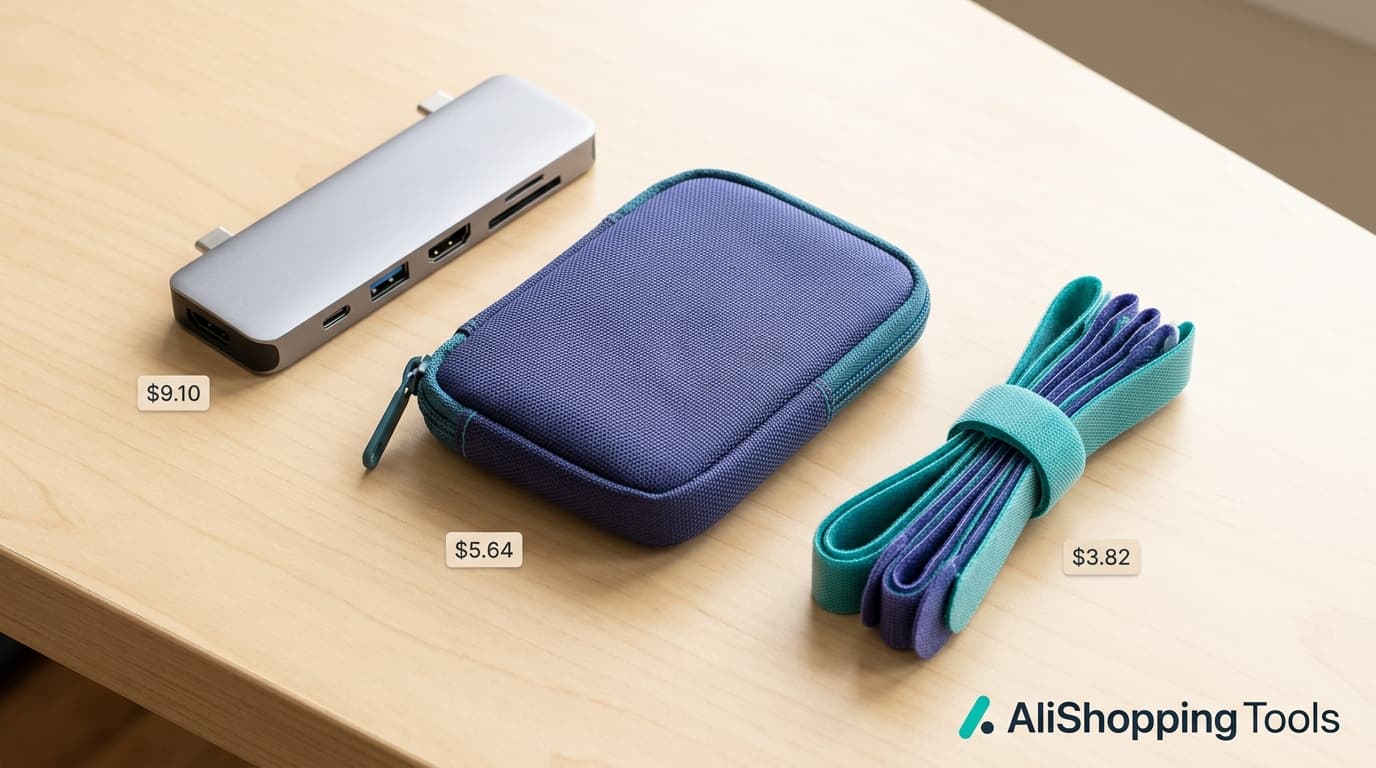 Back-to-campus tech carry kit flat-lay with a USB-C hub, a zippered earphone and cable pouch and a bundle of reusable adhesive cable straps