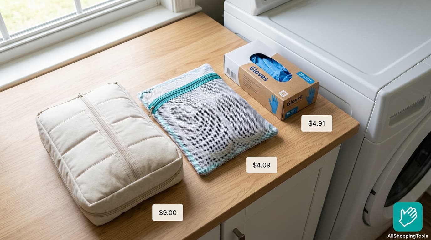Dorm laundry kit flat-lay with a padded shoe-wash bag, a zippered mesh sneaker laundry bag and a box of disposable nitrile gloves