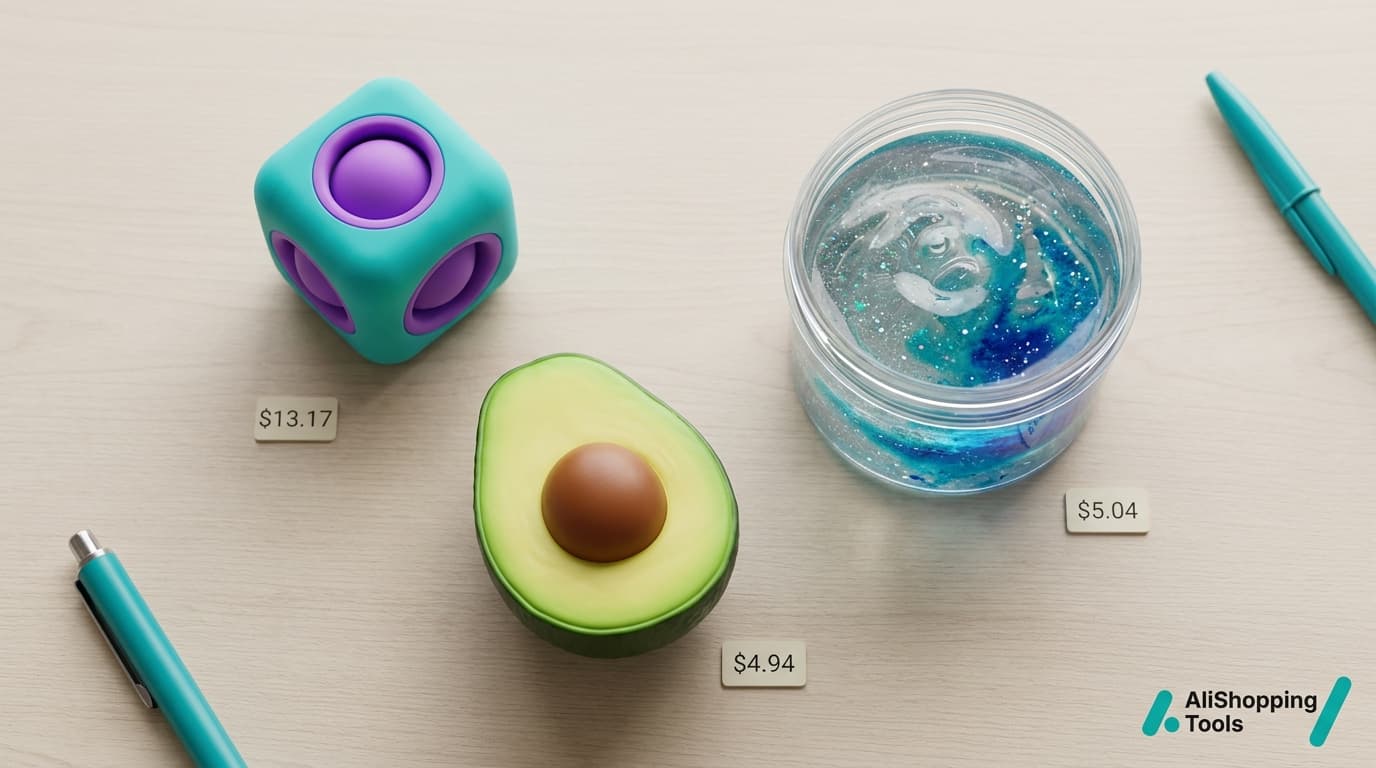 Food-shaped squishy stress toy mid-squeeze in a hand over a study desk