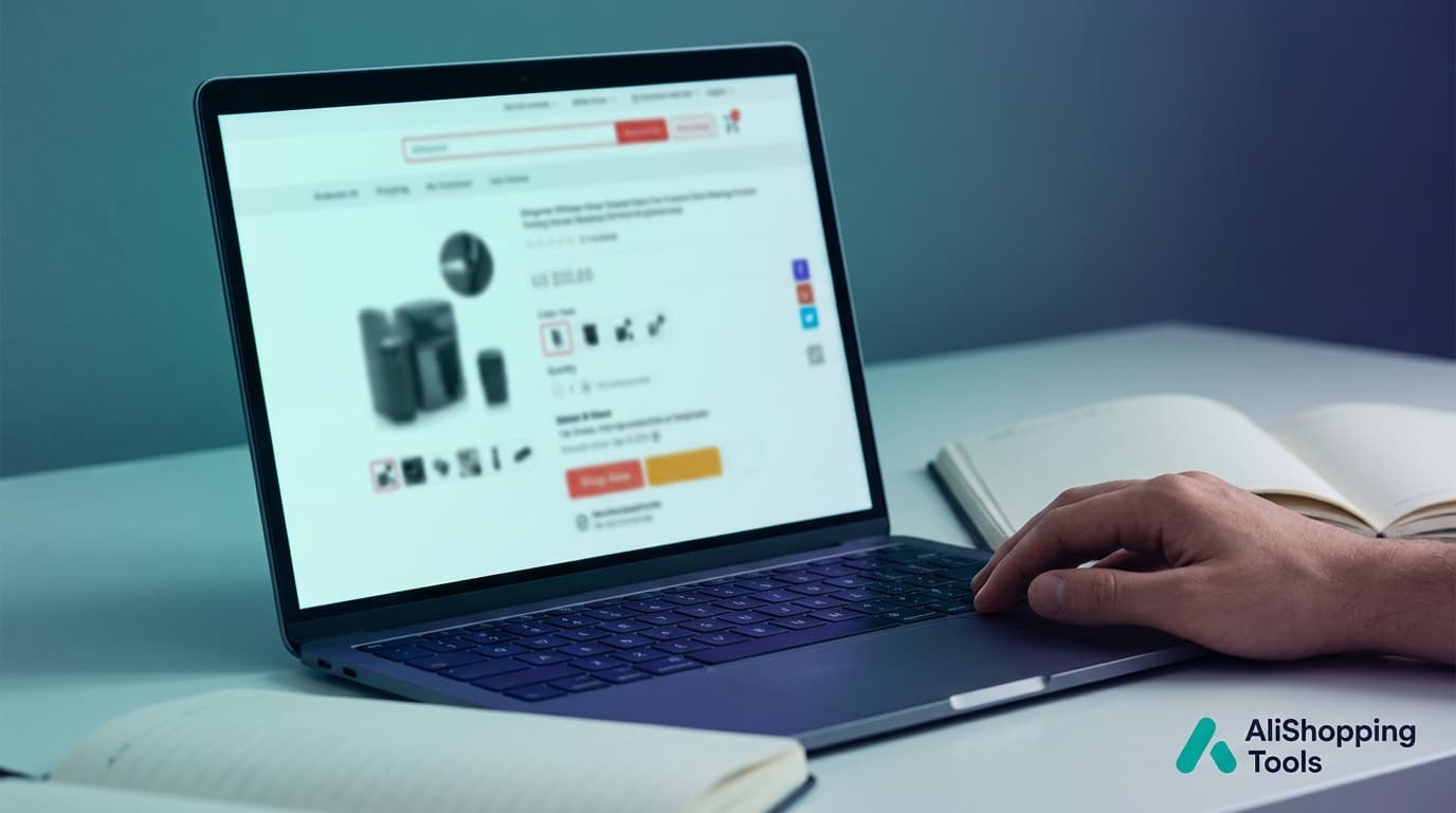 Checking an AliExpress product listing on a laptop before sourcing it, with a notebook open beside the keyboard
