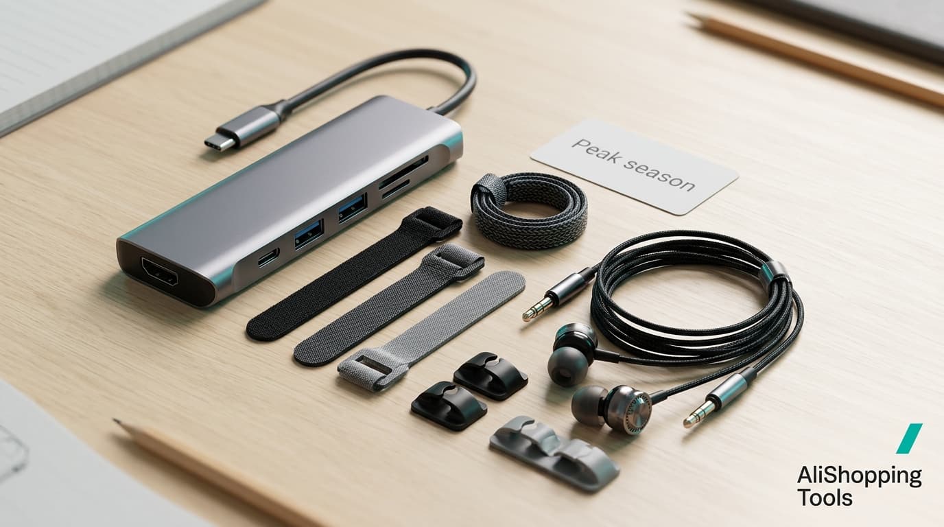 مجموعة تقنية الحرم الجامعي منبسطة مع موزع USB-C 8 في 1 وطقم إدارة كابلات وسماعات سلكية عالية الجودة بميزانية محدودة