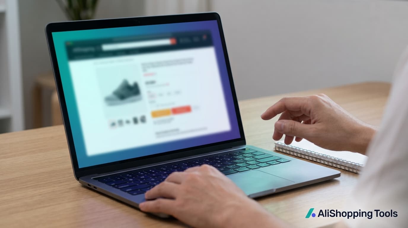 مشهد مكتب منزلي مع لابتوب مفتوح يعرض صفحة منتج عامة مبهمة ودفتر ملاحظات بجانبه — فحص إدراج قبل الإنفاق