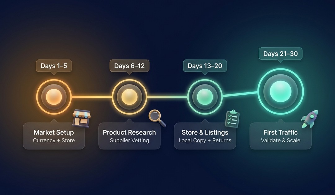 30-day EU/UK/AU dropshipping launch roadmap timeline