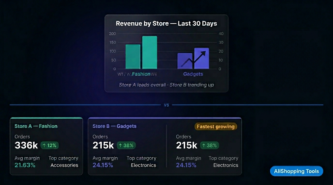 Multi-store revenue comparison chart showing ROI across Shopify stores