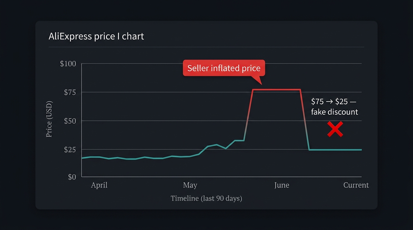 AliExpress price history chart showing fake discount spike before summer sale