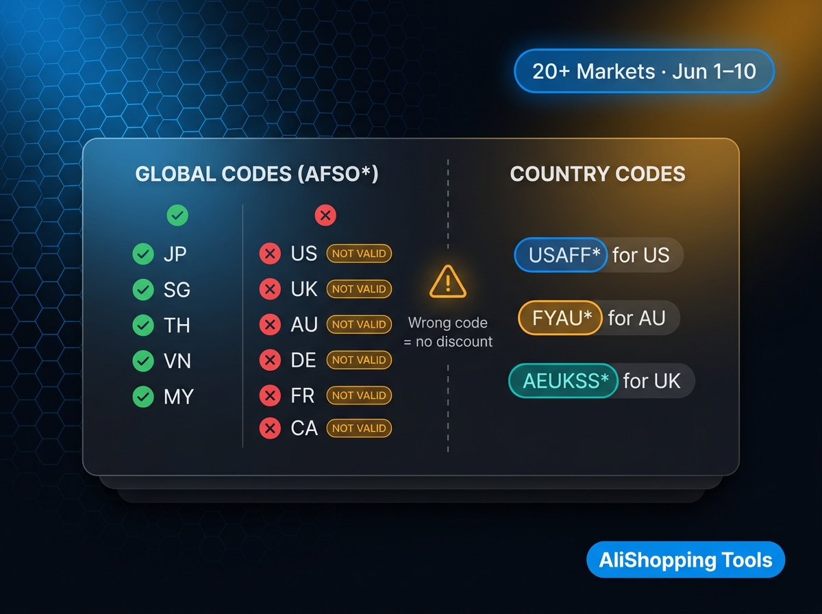 Global vs country-specific AliExpress Summer Sale codes — which markets use AFSO global codes versus exclusive country series like USAFF, FYAU, AEUKSS