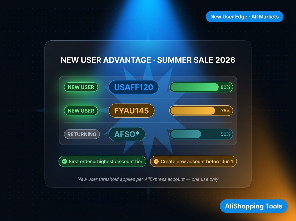 New user promo codes for AliExpress Summer Sale 2026 — US NEWUSOFF series valid until June 30 and UK UKNEW series valid until July 9, extended validity beyond the main sale window