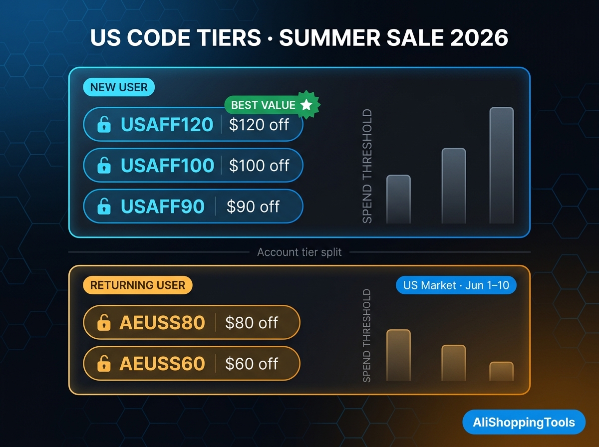 US AliExpress Summer Sale 2026 code tier ladder — USAFF3 through USAFF120, spend thresholds and discount values visualised as a progression from $15 to $700+ spend