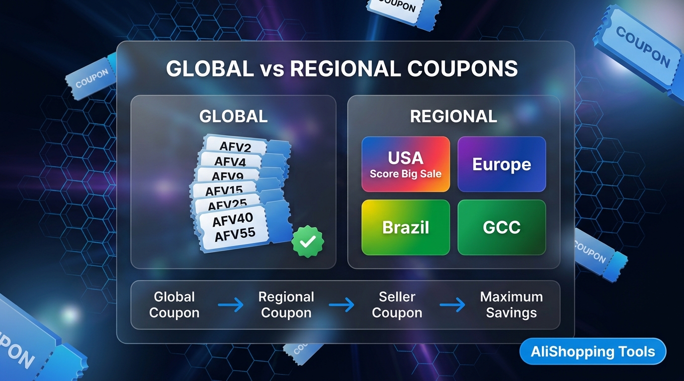 Global vs regional AliExpress coupons — global AFV code stack and regional USA, Europe, Brazil and GCC codes