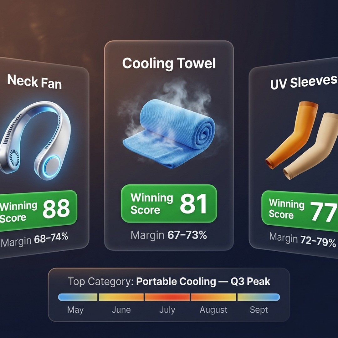 Portable cooling product comparison — neck fan, cooling towel, UV sleeves — with estimated margin and seasonal demand curve
