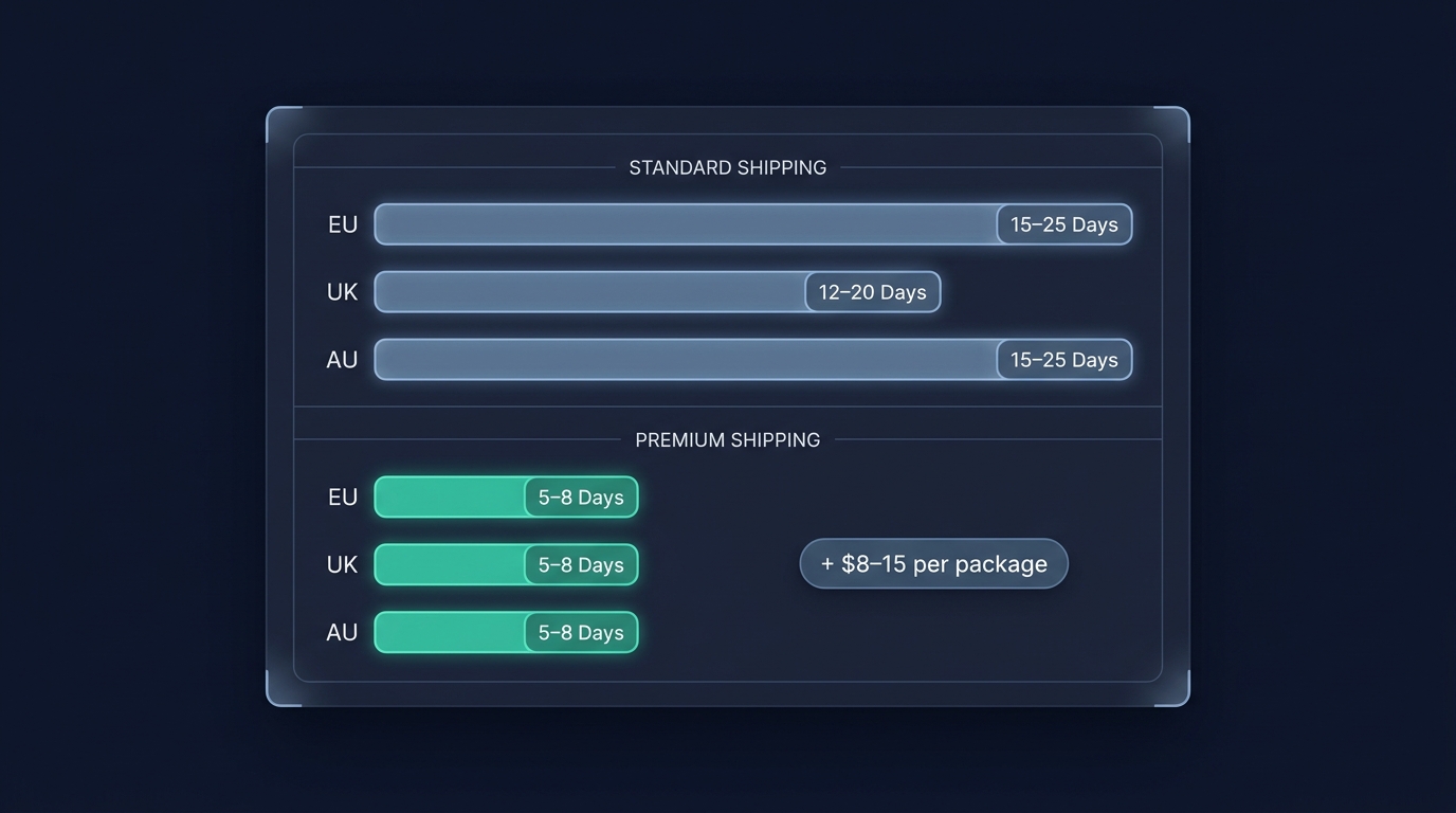 AliExpress shipping timeline comparison for EU, UK, and Australia markets