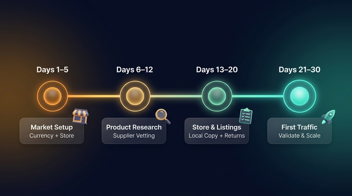 30-day EU/UK/AU dropshipping launch roadmap timeline