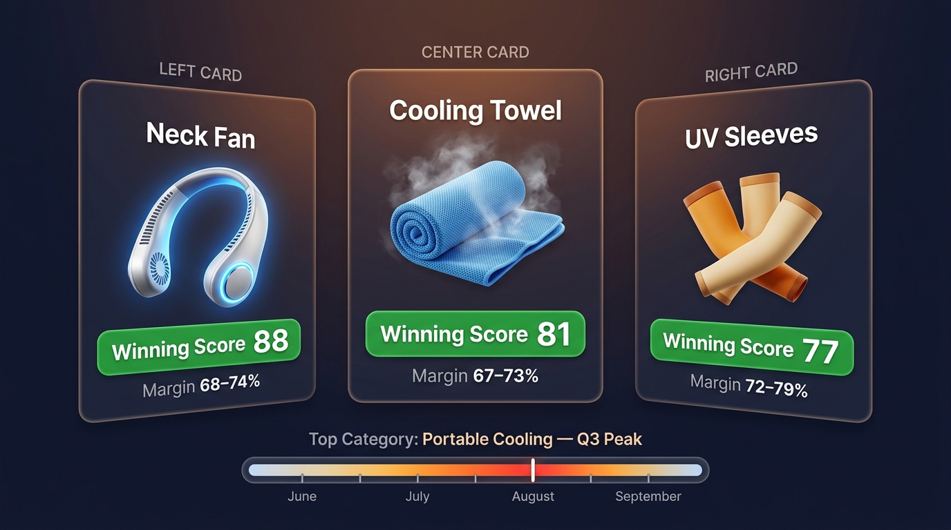 Portable cooling product comparison — neck fan, cooling towel, UV sleeves — with estimated margin and seasonal demand curve