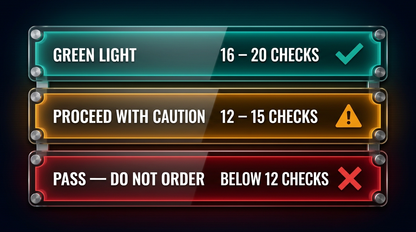 A decision tree diagram showing the Green Light / Proceed with Caution / Pass outcomes based on checklist score ranges