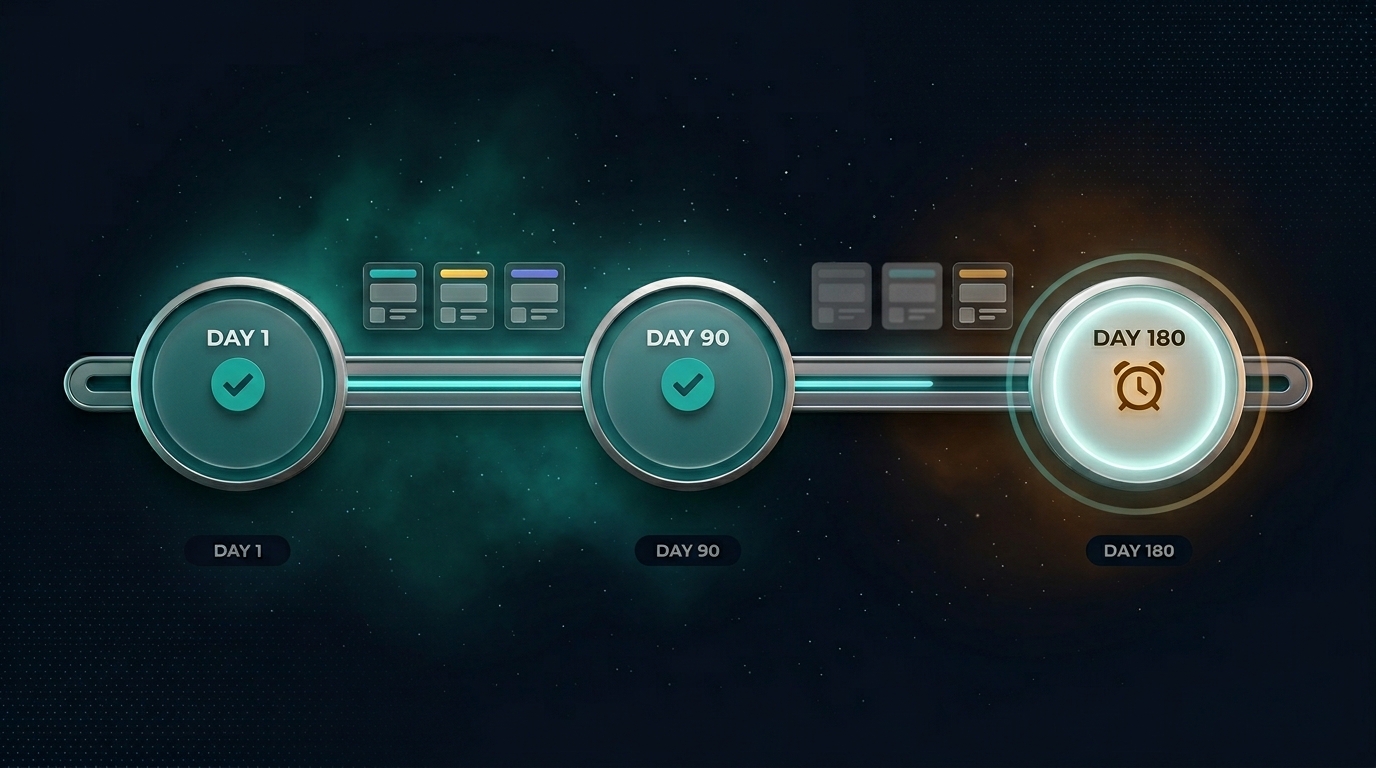 A horizontal timeline showing three 90-day review cycles with milestone nodes — two completed in teal, one upcoming in amber
