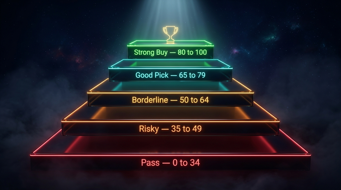 Winning Score tier chart — 5 bands from Pass to Strong Buy with visual gauge