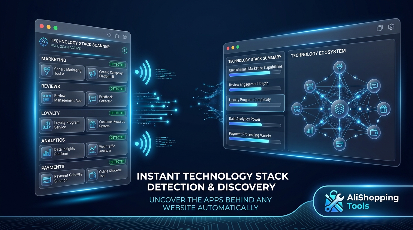 How to detect Shopify store apps and tech stack free — instant technology stack scanner showing Marketing, Reviews, Loyalty, Analytics, Payments