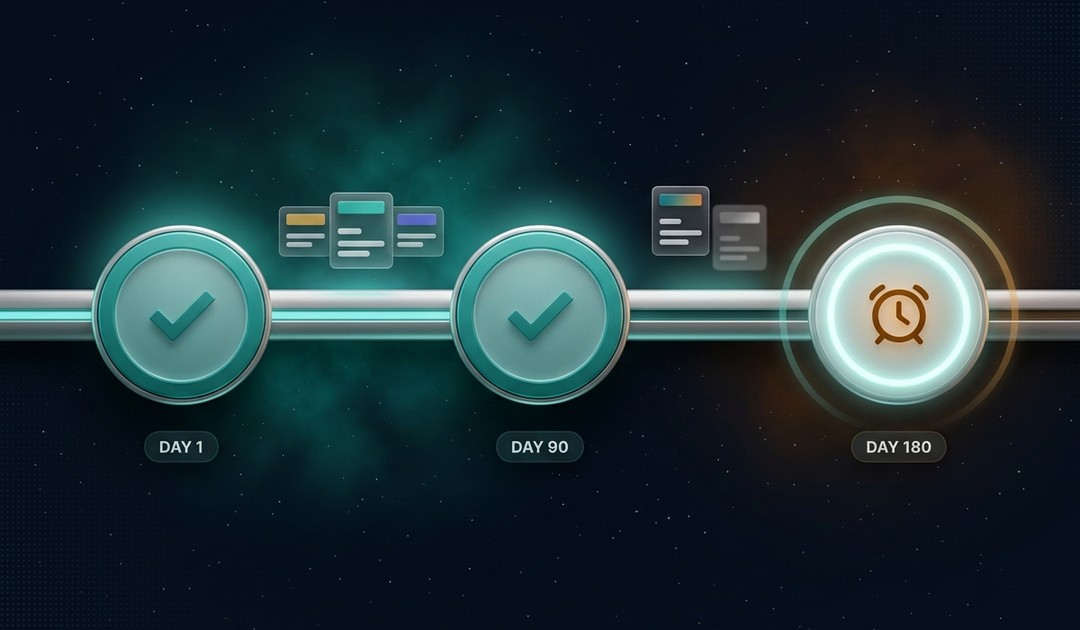 A horizontal timeline showing three 90-day review cycles with milestone nodes — two completed in teal, one upcoming in amber