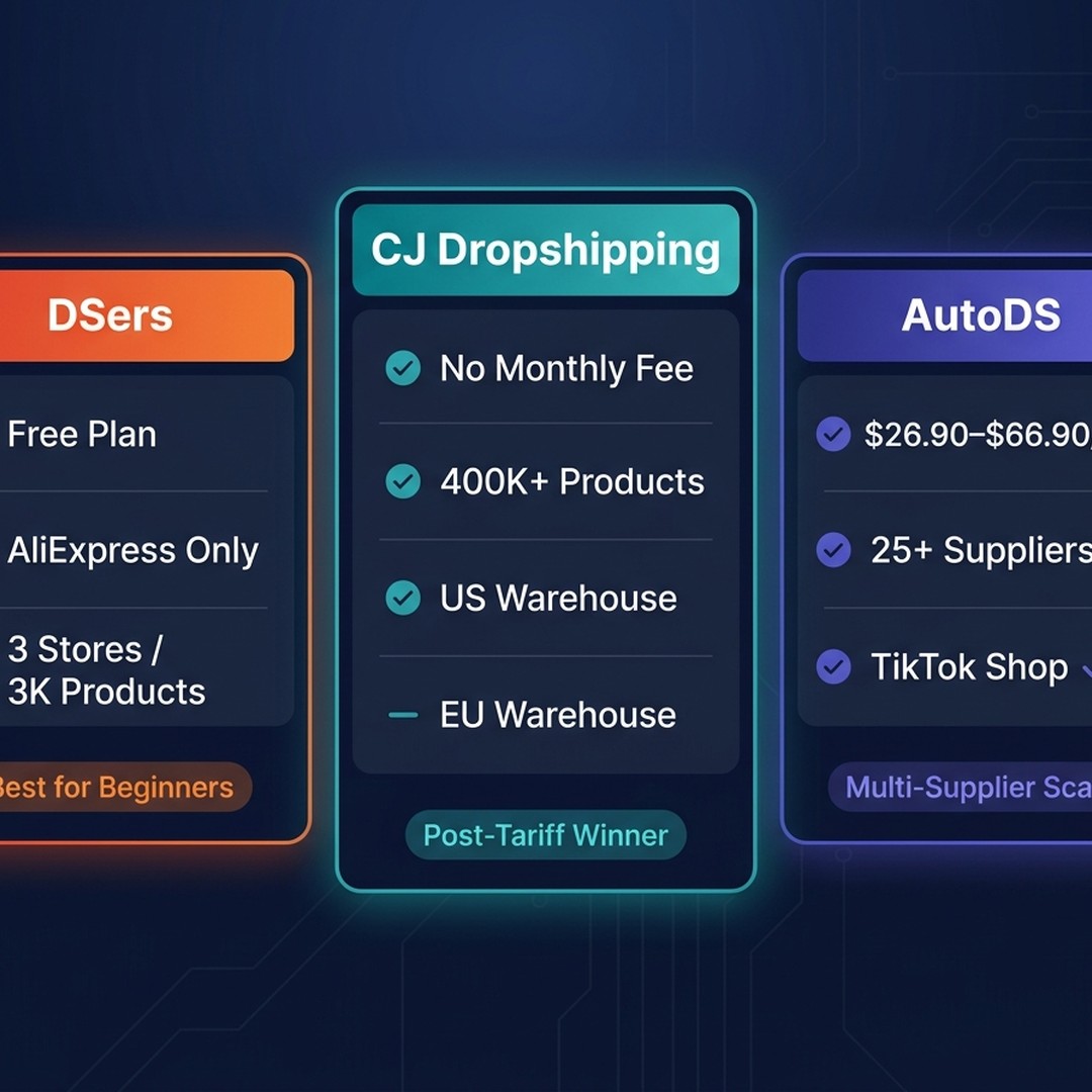 DSers vs CJ Dropshipping vs AutoDS — side by side comparison dashboard