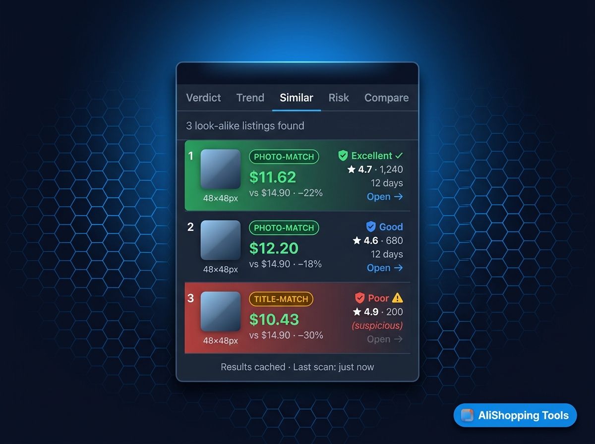 AliShopping Tools Similar tab — 3 ranked look-alike listings with Photo-Match badges, price delta, and trust scores