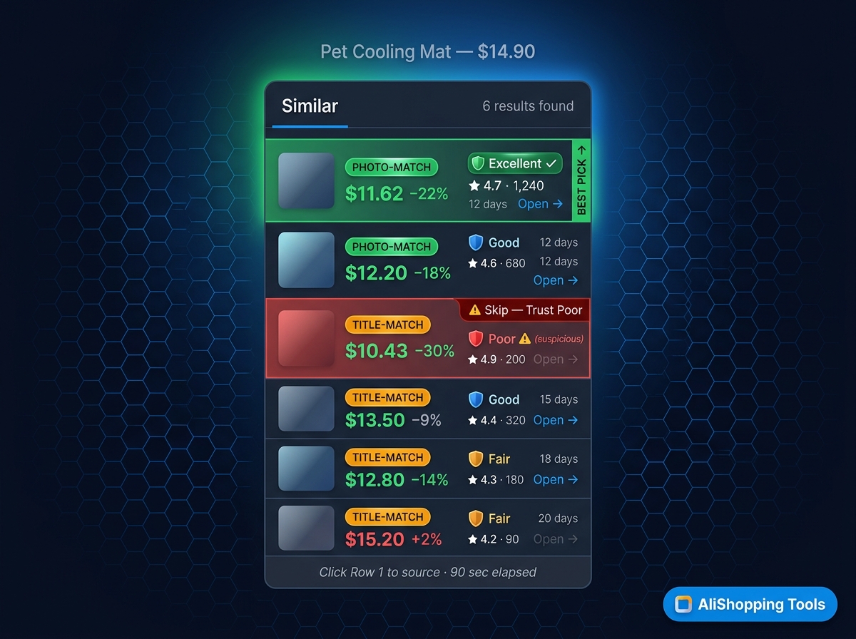 Real-world Similar tab example — pet cooling mat, 6 ranked rows, Row 1 best pick highlighted, Row 3 trust warning flagged — AliShopping Tools