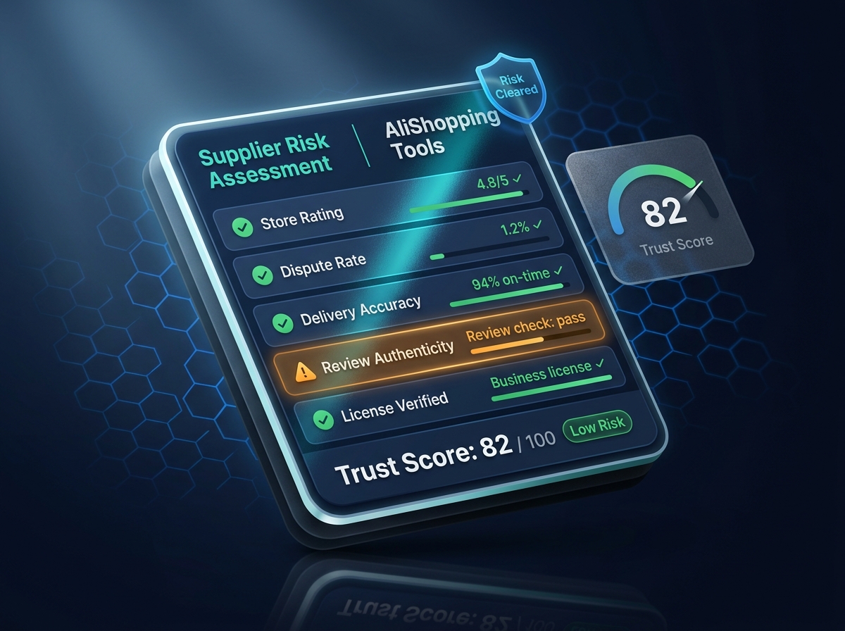 Supplier risk audit — 5 risk factors assessed, Trust Score 82/100, supplier cleared