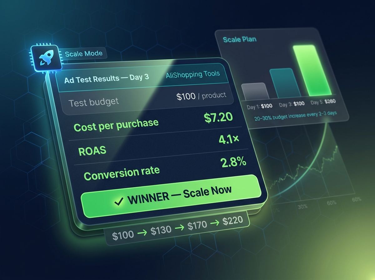 Ad test results dashboard — cost per purchase $7.20, ROAS 4.1×, winner confirmed, scale budget increasing