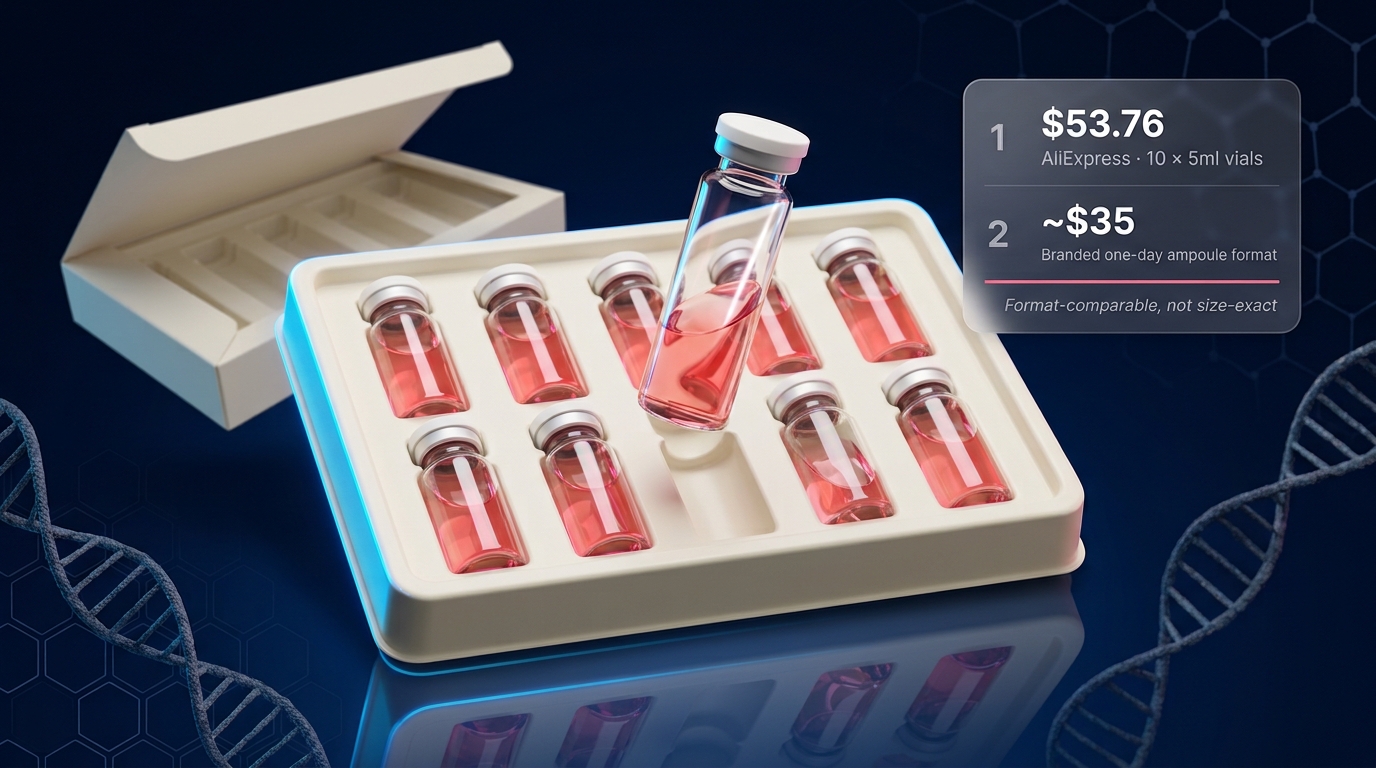 Sanendi Pink PDRN Hyaluronic Acid Ampoule vials with real price comparison card — $53.76 AliExpress 10x5ml vs ~$35 branded one-day format, format-comparable not size-exact