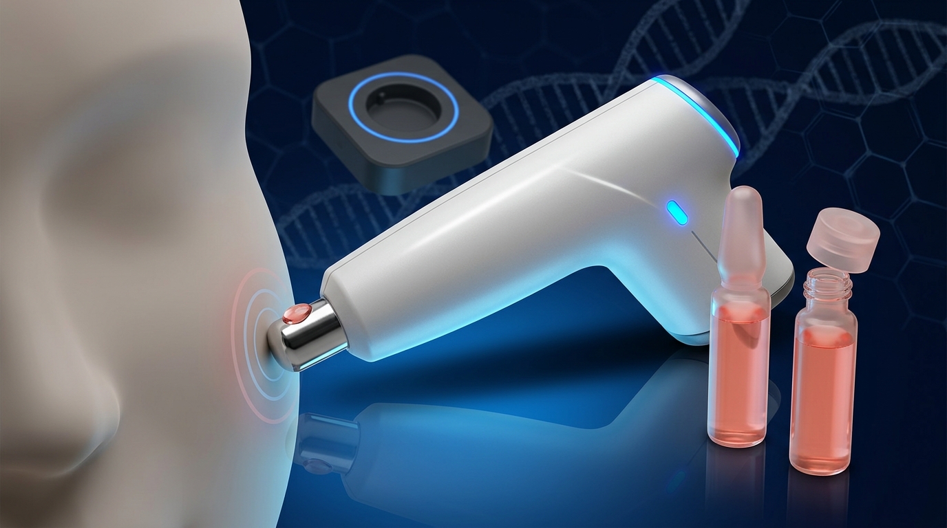 Sanendi Nad+EXO PDRN meso-gun device with ampoule vials, facial application demo