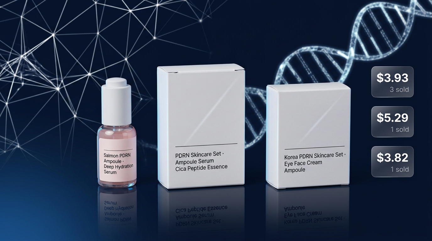 Three budget PDRN skincare products with real price badges — $3.93 (3 sold), $5.29 (1 sold), $3.82 (1 sold)