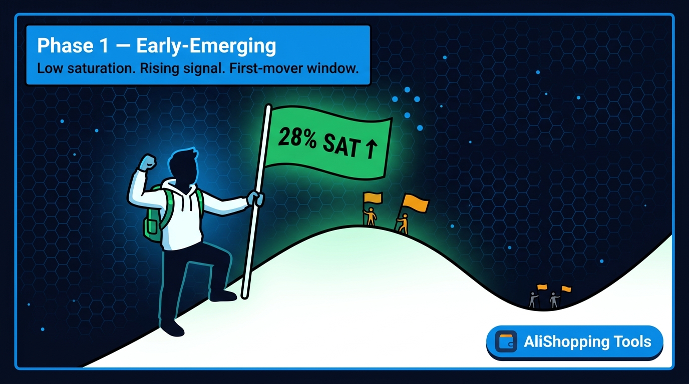 Phase 1 Early-Emerging — BD comic, entrepreneur plants flag on rising hill, 28% saturation, few competitors — AliShopping Tools