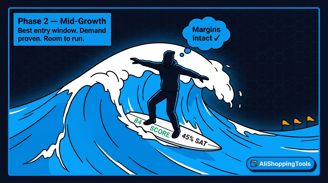 Phase 2 Mid-Growth — BD comic, entrepreneur surfs electric-blue wave, score 84, margins intact — AliShopping Tools