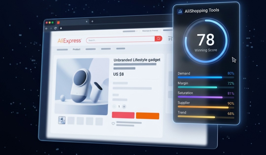 Winning Score dashboard on AliExpress product page — live score display with 5 dimension breakdown