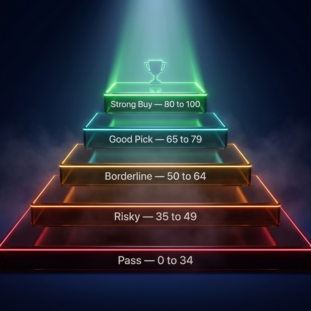 Winning Score tier chart — 5 bands from Pass to Strong Buy with visual gauge