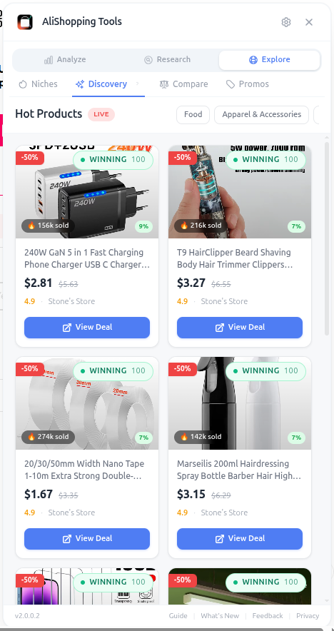 Discovery tab showing real-time trending product feed with winning badges