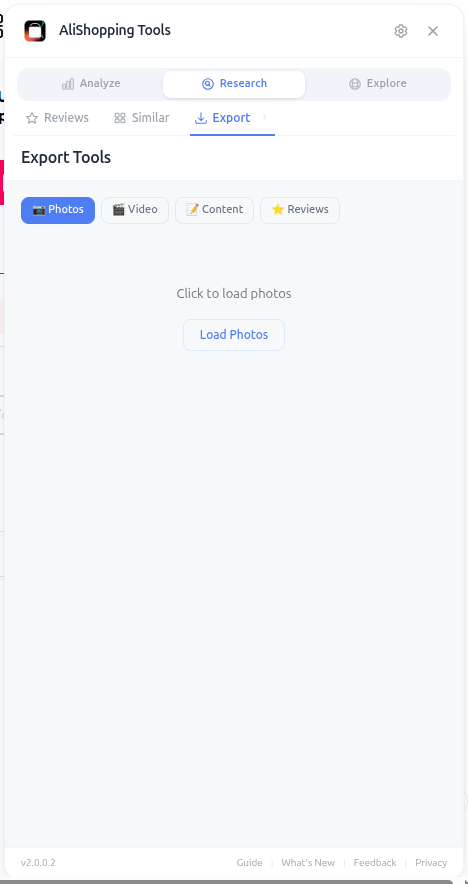 Content export suite showing options for photos, video, specs, and reviews