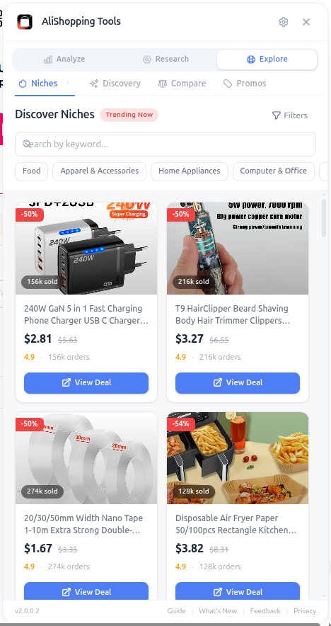 Niches research tab showing keyword search, filters, and scored product results
