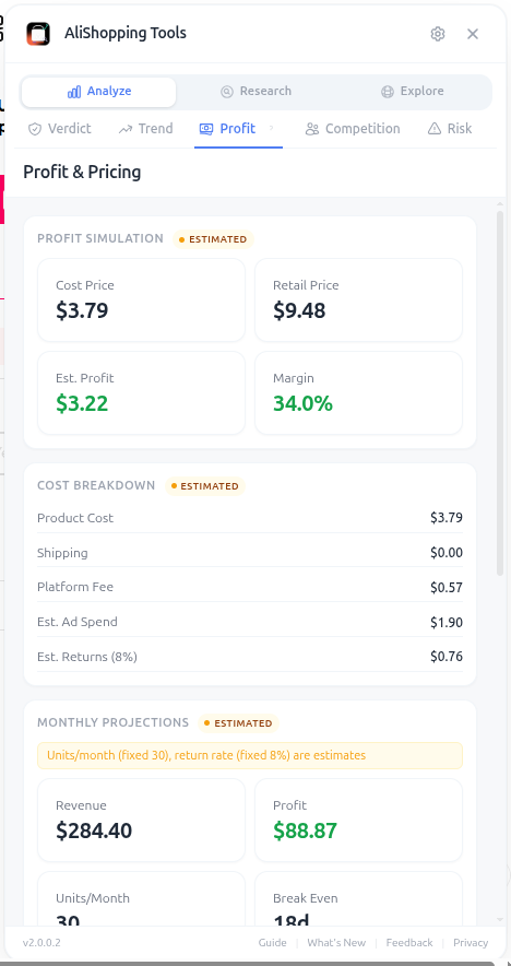 Profit Simulator tab showing cost breakdown and margin slider