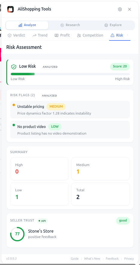 Risk tab focused on seller trust and business license verification