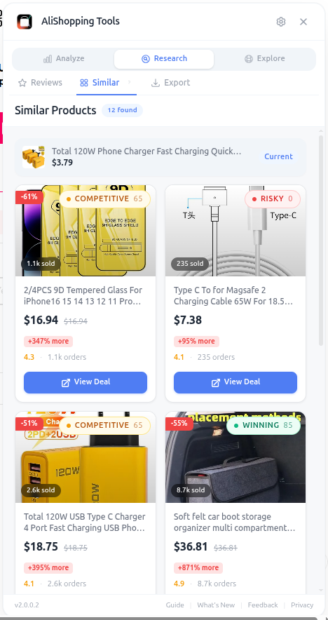 Similar products view from the Compare tab